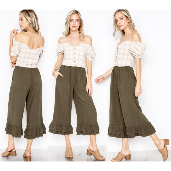Last☝️Linen/Cotton Ruffle High Waist Culotte Pants - Picture 6 of 7